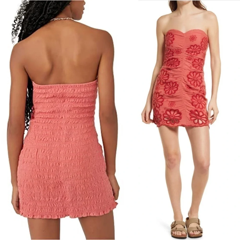 NWT FREE PEOPLE Mini Dress Y2K Strapless Ruched‎ Floral Embroidered Smocked Sz L